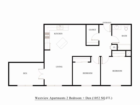 Floor plan for 2 beds, 1 bath, 912 sqft